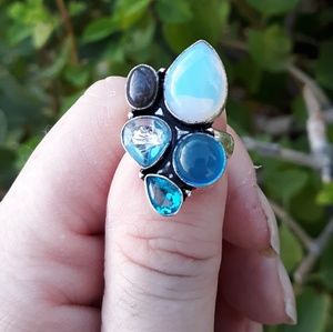 New Opalite, Blue Topaz, Labradorite 925 Silver Ring.